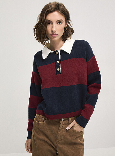 Golden buttons polo collar striped cropped sweater | Simons
