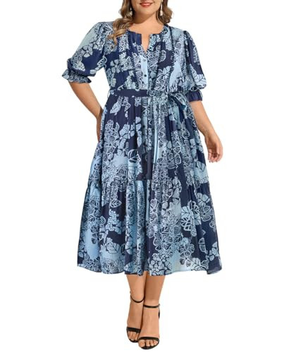 RITERA Plus Size Dresses 3/4 Sleeve Blue Printed Formal Dresses for Women Plus Size Spring Dress with Pockets A-Line Crewneck Flowy Maxi Dress Lightweight Loose Fit 5XL 26W 28W | Amazon (US)