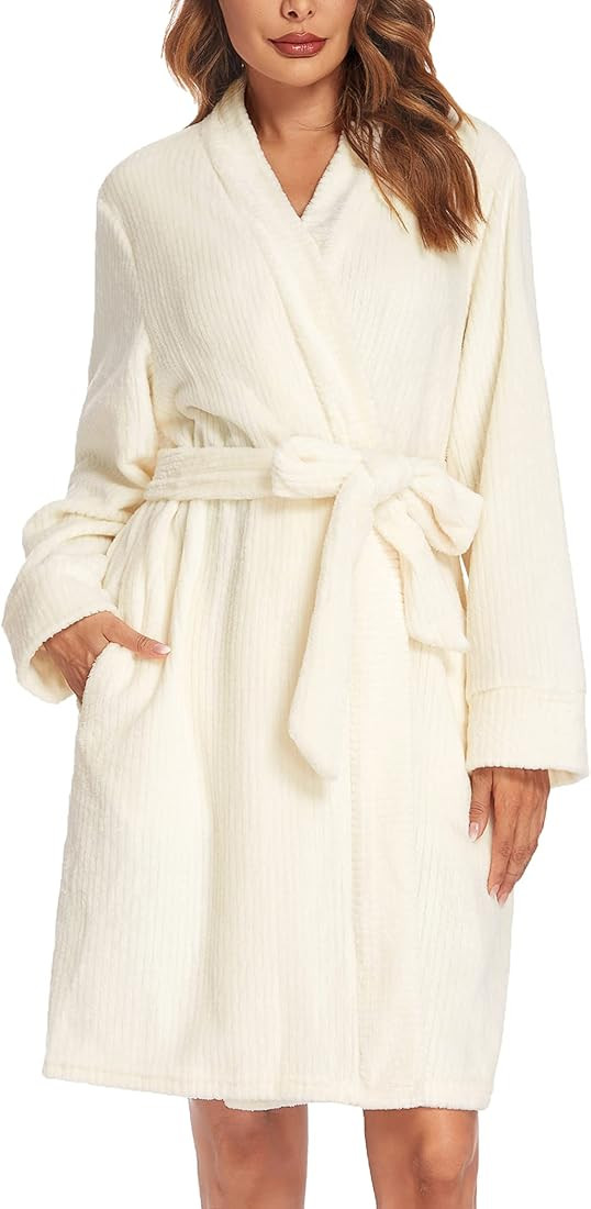Ekouaer Women Fleece Bathrobe Plush Short Robe Long Sleeve Robe Attached Belt Soft Sleepwear Ladi... | Amazon (US)
