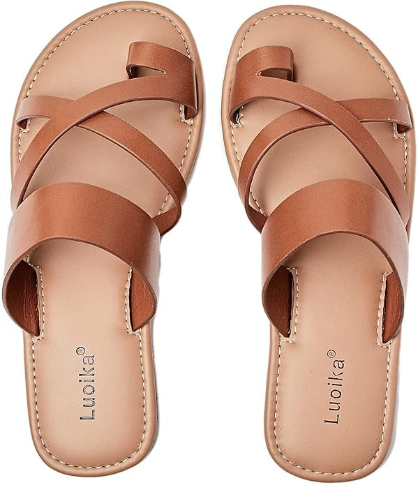 Luoika Women's Wide Width Flat Sandals, Flip Flop Slides Sandal Casual Strapy Sandal Slip on Summ... | Amazon (US)