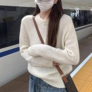 Crew Neck Plain Sweater White - One Size | YesStyle Global