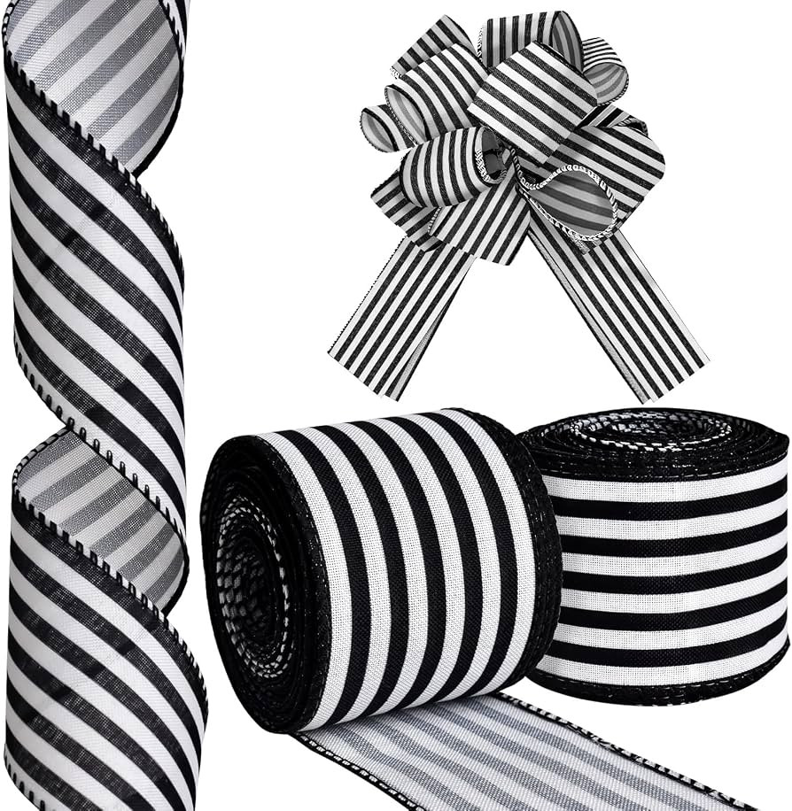 2.5" Black and White Striped Wired Ribbon - 10 Yards (2 Rolls) | Amazon (US)