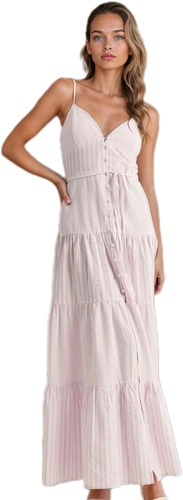 Striped V Neck Sleeveless Tiered Maxi Dress for Women | Amazon (US)