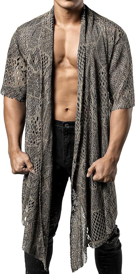 JOGAL Mens Mesh Fishnet See Through Cardigan Ruffle Shawl Collar Open Front Top | Amazon (US)