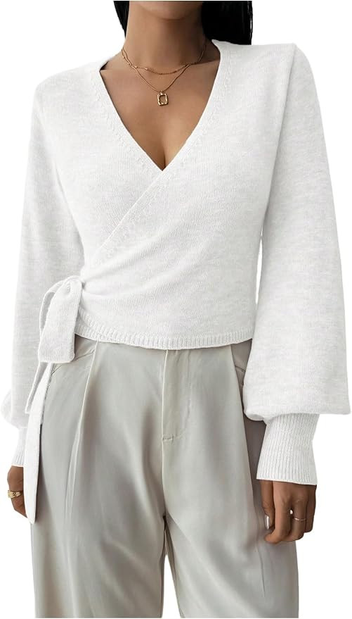 SHENHE Women's V Neck Wrap Sweater Pullover Slim Fit Knit Crop Top Sweater | Amazon (US)