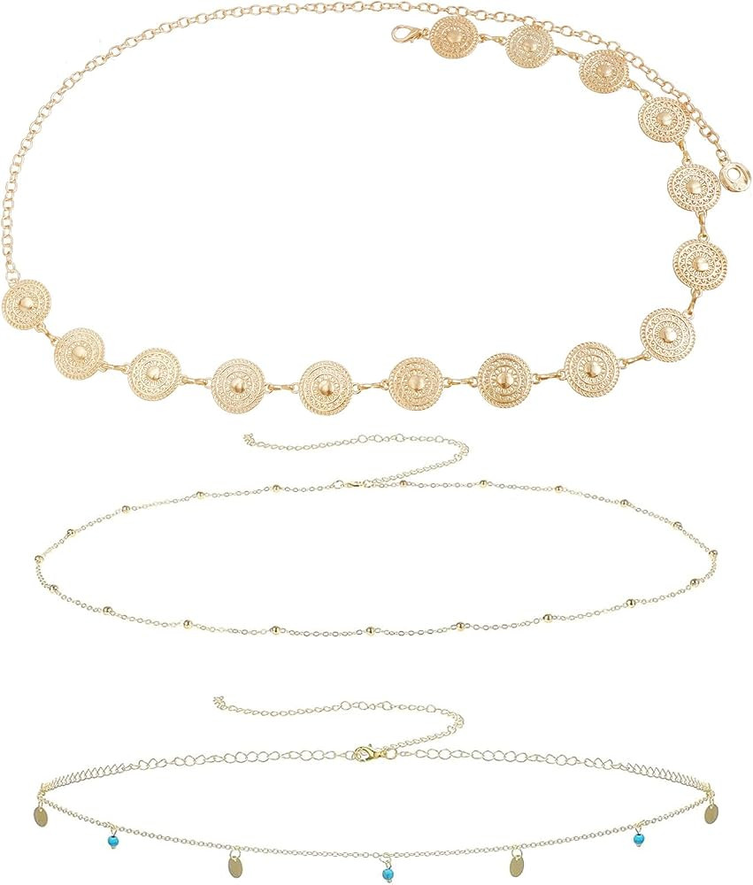 Gold Waist Chain, 3 Pcs Gold Belt Set for Women, 2-In-1 Slim Waist Chain, and Fashion Disc Belt, ... | Amazon (UK)