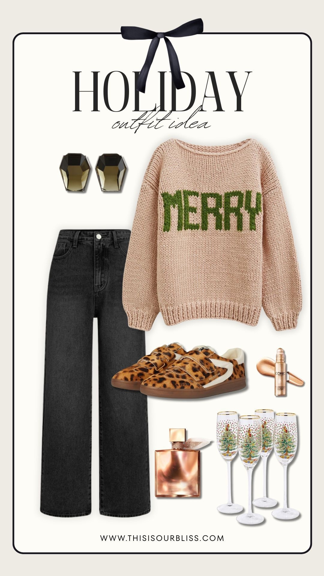 Casual holiday outfit with sneakers!  🎄✨

oversized “MERRY” sweater with green lettering — paired it with wide-leg dark denim jeans from amazon, deep green earrings,m, and the cutest Christmas painted champagne flutes for a festive touch. 

Simple, comfy, and perfectly merry.

#Amazon #AmazonFashion #LeopardSneakers #CasualStyle #CasualHolidayOutfitIdea #FestiveSweater

#LTKOver40 #LTKSaleAlert #LTKHoliday