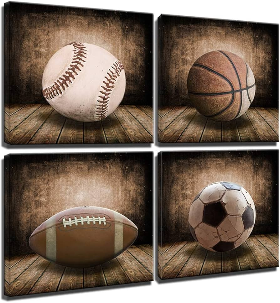 Rustic Soccer Football Baseball Basketball on Vintage Wood Grain Floor Fine Art Prints Sports Dec... | Amazon (US)