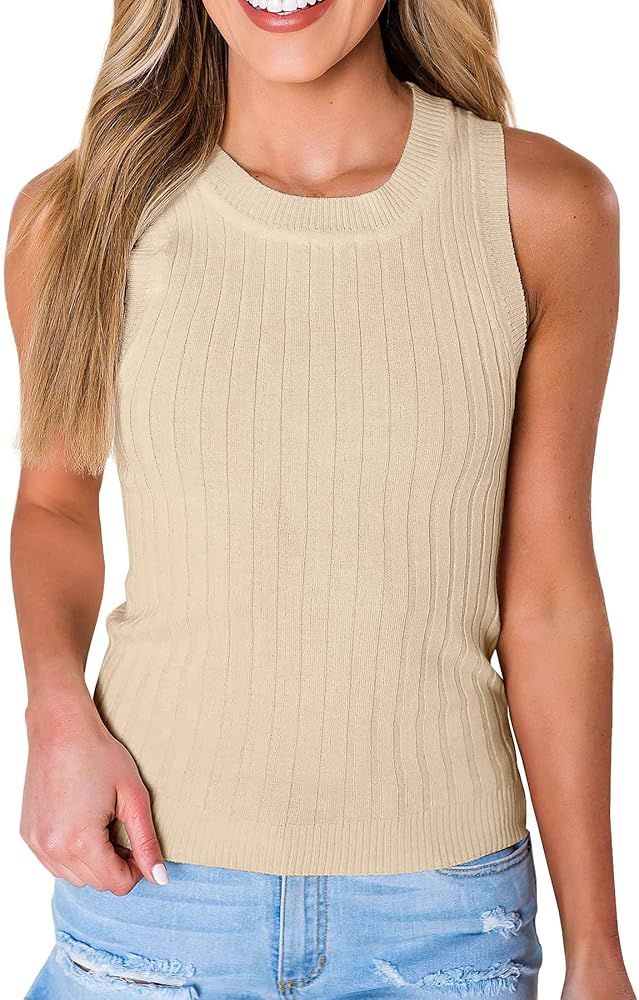 Goranbon Women's Sleeveless Sweater Tank Tops Ribbed Knit Fitted Shirt Vest | Amazon (US)