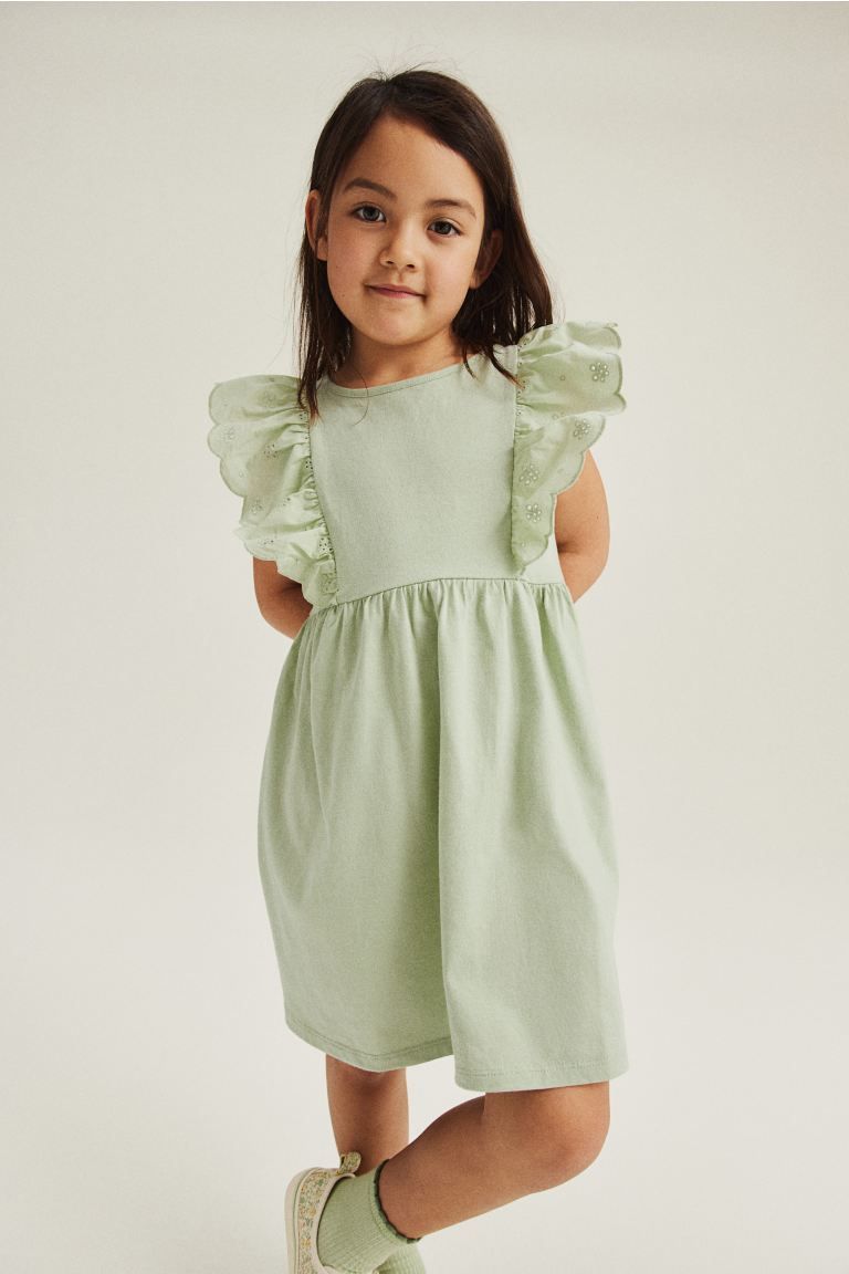 Flounce-trimmed jersey dress - Light green - Kids | H&M GB | H&M (UK, MY, IN, SG, PH, TW, HK)