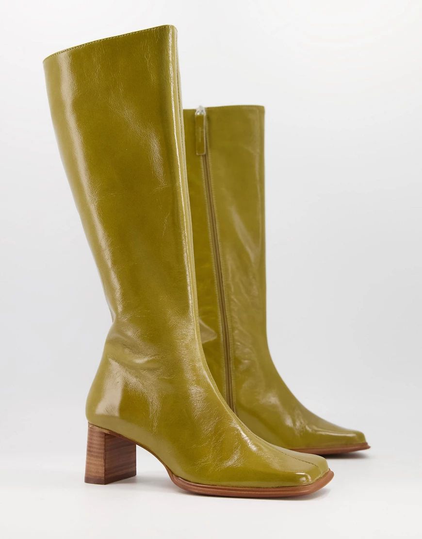 ASOS DESIGN Cali premium leather heeled knee boots in green | ASOS (Global)