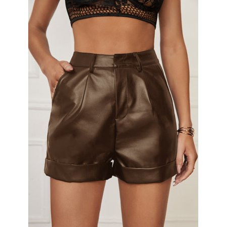 2022 Summer Glamorous Brown Women s Tall Roll Hem Plicated Detail PU Shorts L2201503D Tall M(6) | Walmart (US)