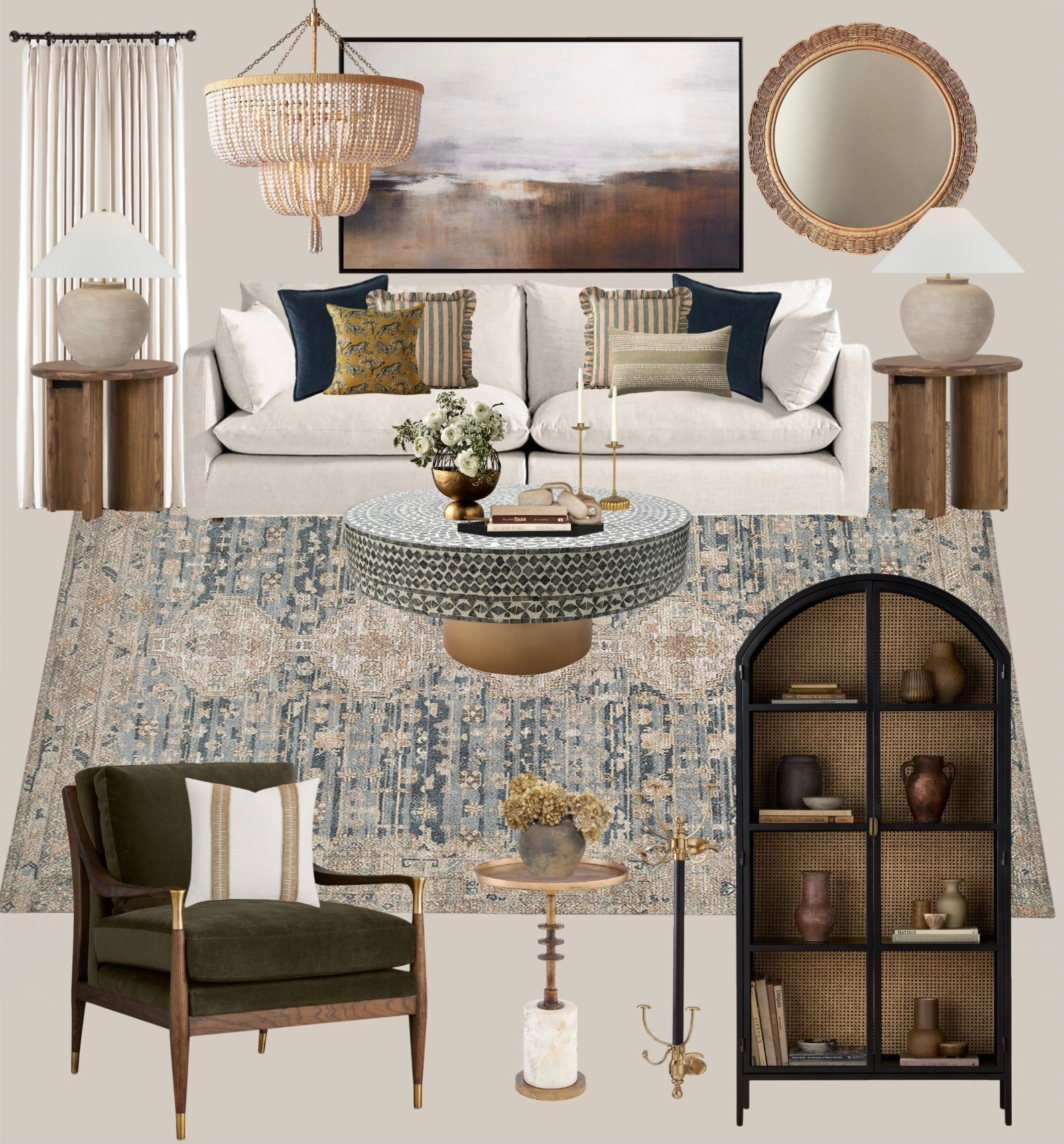 ✨ Warm. Inviting. Timeless. ✨

This living room design blends modern comfort with organic textures, perfect for creating a space that feels both stylish and welcoming. From the soft neutral sofa layered with patterned pillows, to the artisan-inspired coffee table and vintage rug tones, every detail works together to bring balance and warmth.

🌿 Natural woods
🖤 Bold accents
💡 Soft layered lighting

Ready to transform your living room into a cozy yet elevated retreat? Send us a message to get a custom design made just for you!

www.missiondecor.space

#InteriorDesign #MoodBoard #LivingRoomDesign #CozyModern #ShopTheLook #DecorInspo

#LTKHome #LTKStyleTip #LTKSaleAlert