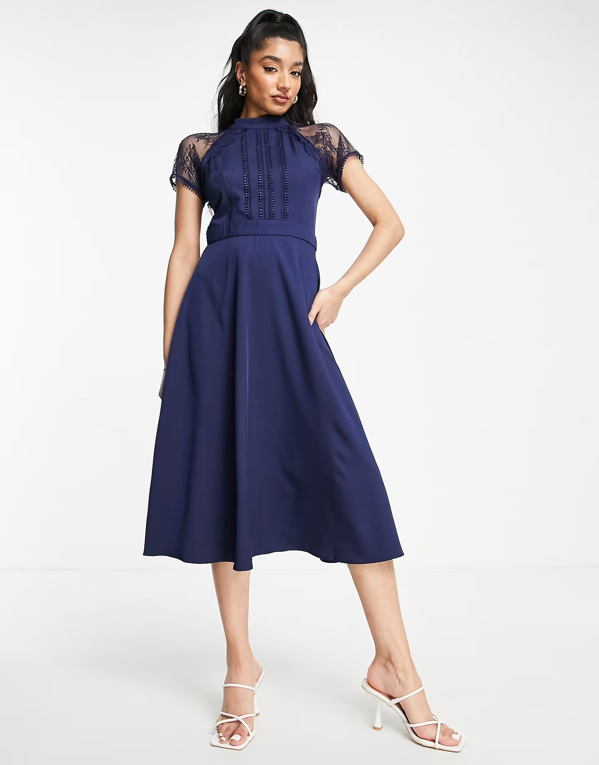 Liquorish a line midi lace dress in navy | ASOS (Global)