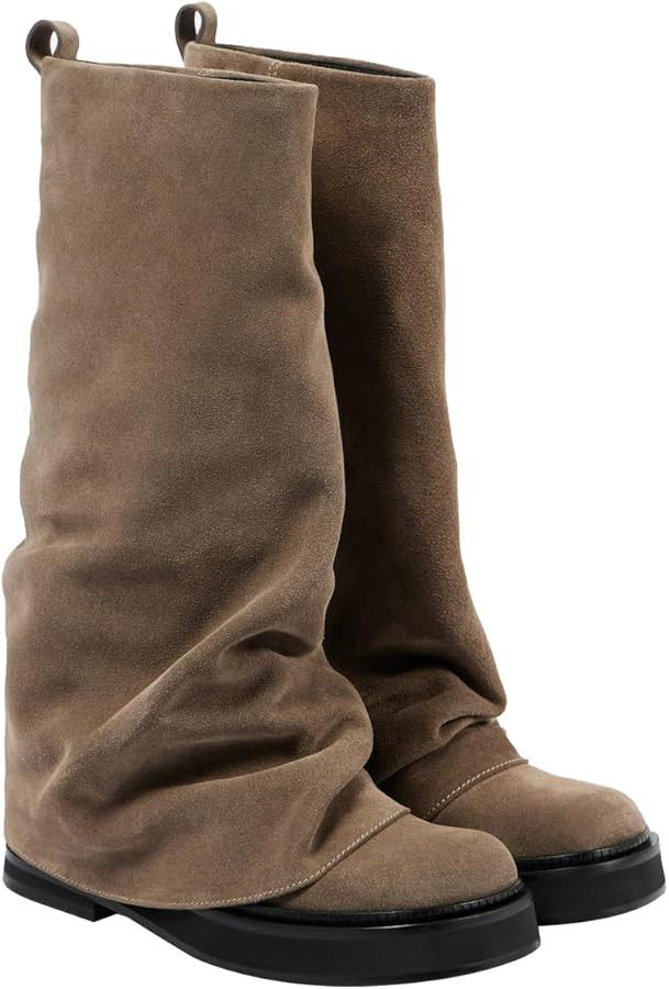 MAVMAX Women Slouchy Knee High Boots Casual Round Toe Pull On Riding Biker Boots Fold Over Chunky... | Amazon (UK)