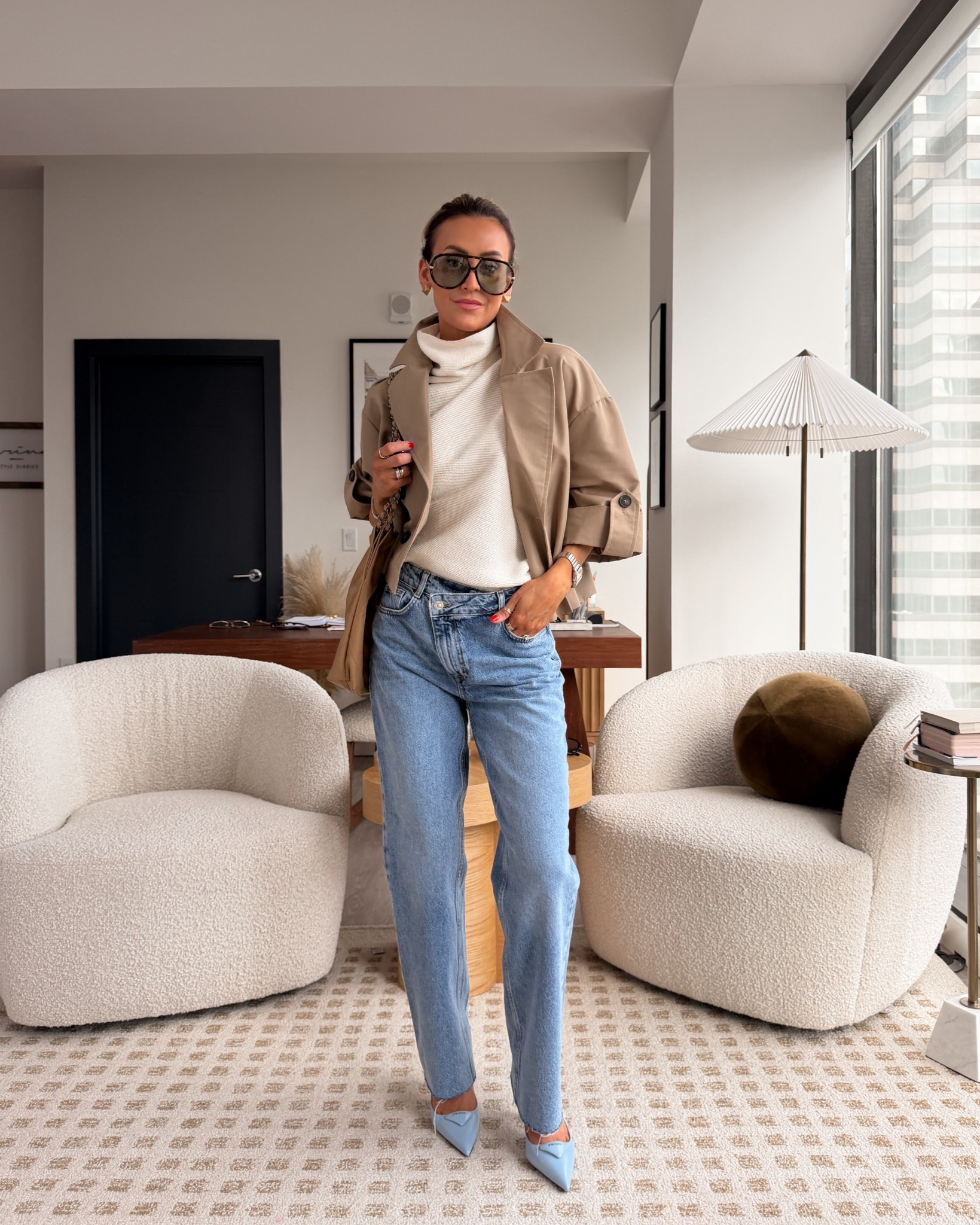 Zara cropped shirt sleeve jacket xs, knit asymmetrical sweater, cross crops jeans 

#LTKOver40 #LTKootd #LTKSeasonal