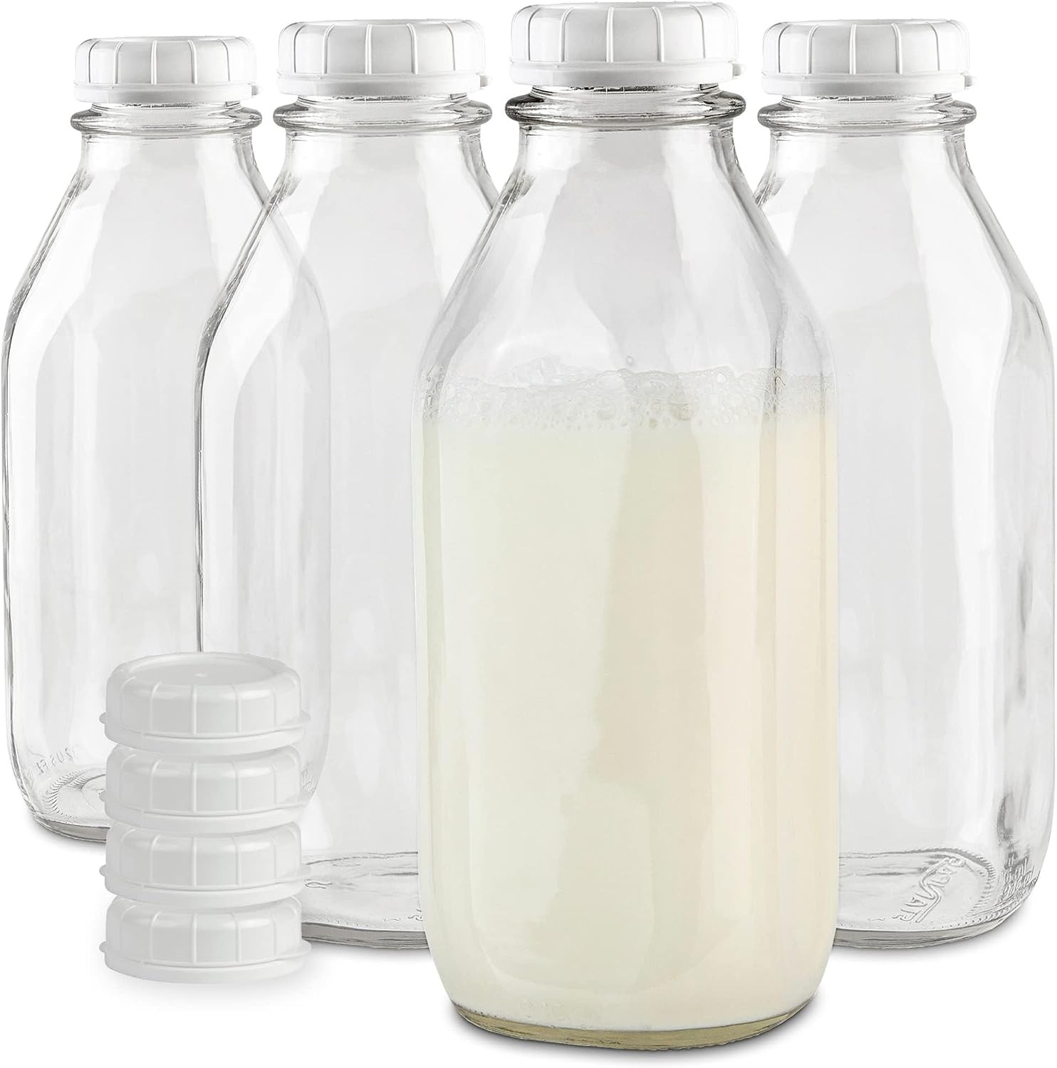 Stock Your Home Liter Glass Milk Bottle with Lid (4 Pack) 32 Oz Jugs and 8 White Caps, Reusable Food Grade Container for Refrigerator, Juice, Oat or Plant Milks, Water, Honey | Amazon (US)