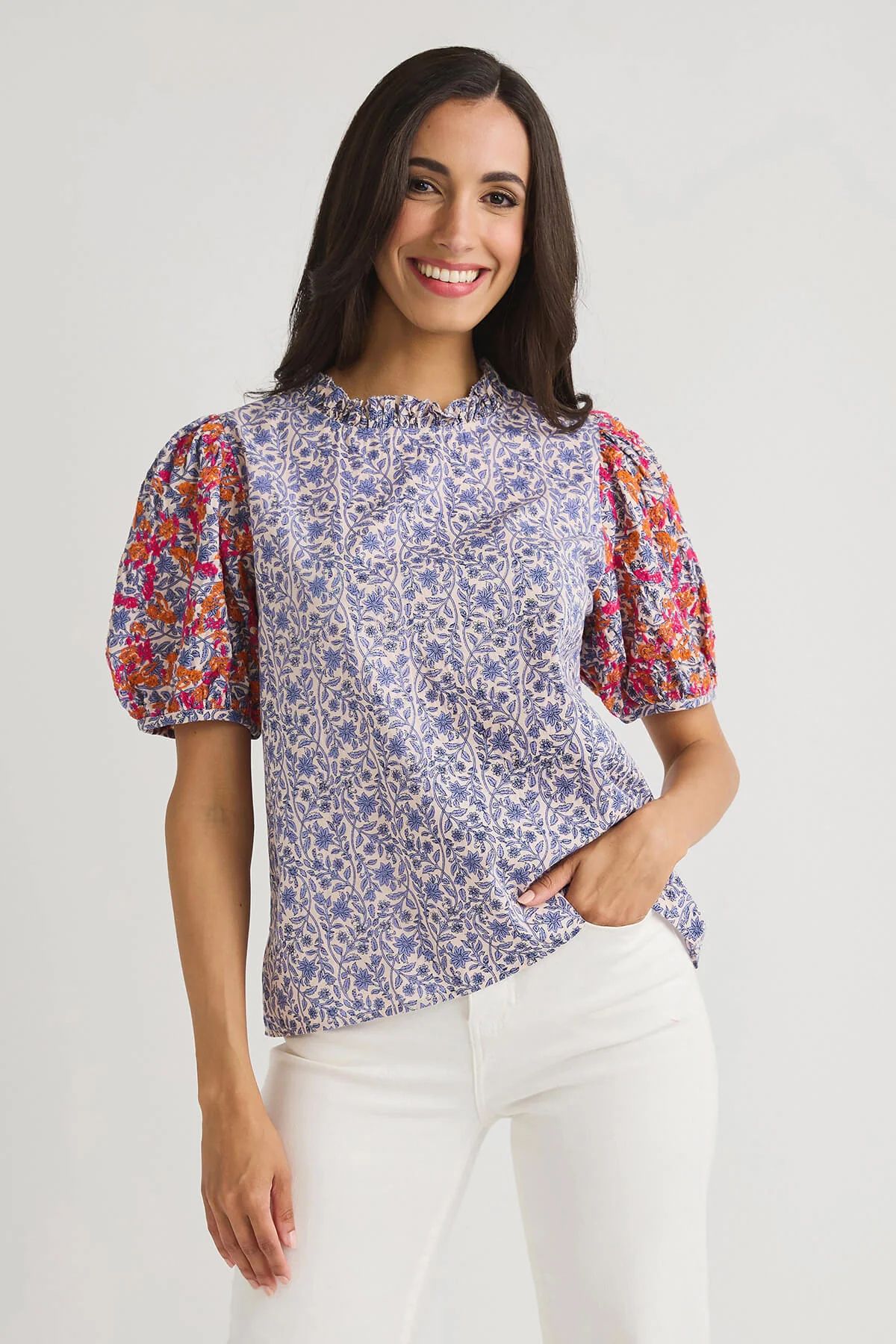 THML Printed Embroidered Puff Sleeve Top | Social Threads