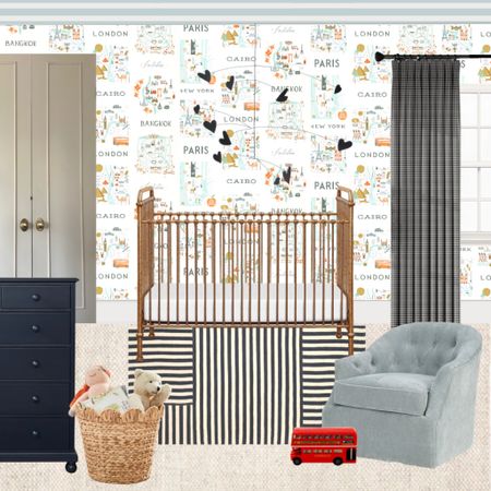 Nursery view | the scalloped basket and city maps wallpaper are my favs in this space.

The curtains are from Burke Decor - Rockton Check Drapery

#LTKkids #LTKbaby #LTKhome
