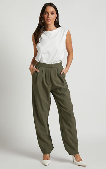 Junice Tailored Pleated Elastic Waist Trousers in Khaki | Showpo (ANZ)
