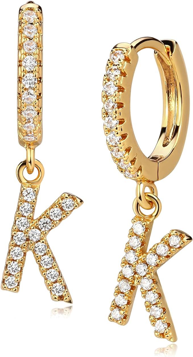 GUEMER Gold Initial Earring 14K Gold Filled Dainty Tiny Diamond Cubic Zirconia Inlay Alphabet Let... | Amazon (US)