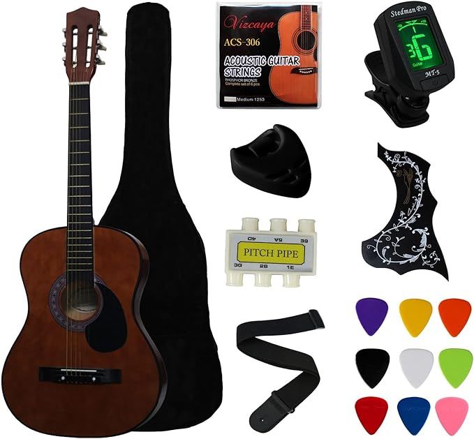 38" Coffee Beginner Acoustic Guitar Starter Package Student Guitar with Gig Bag,Strap, 3 thicknes... | Amazon (US)