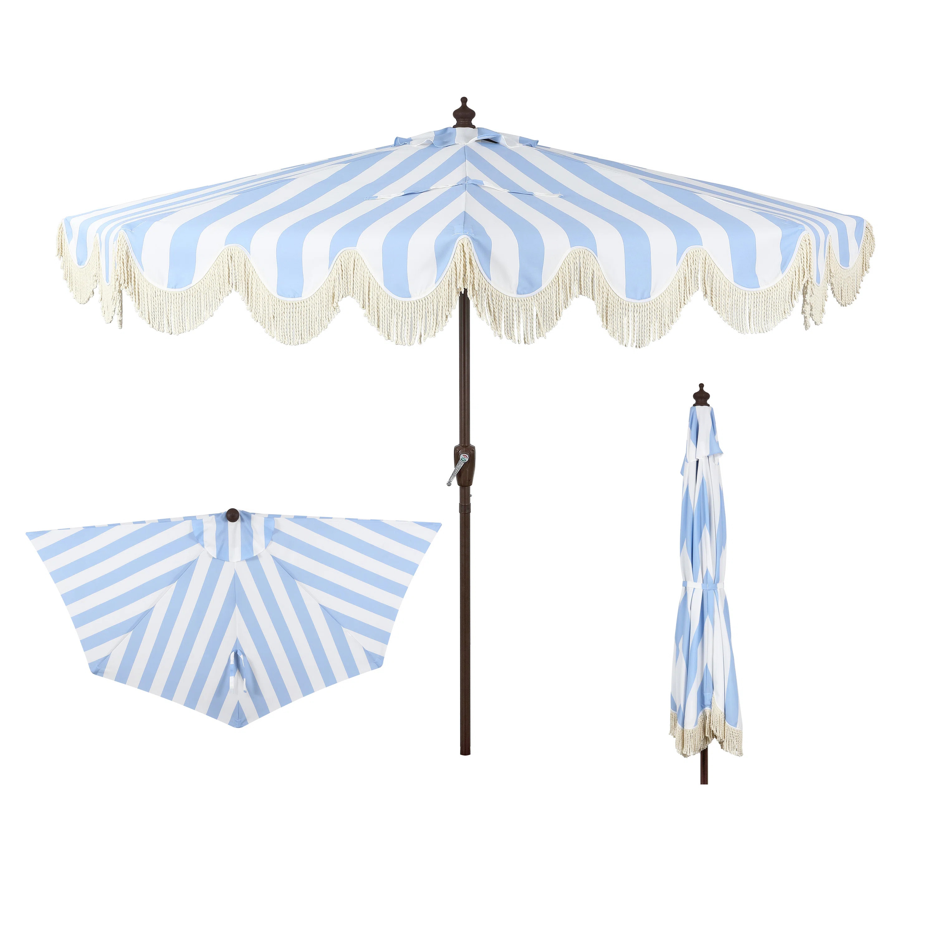 Beverly 9 ft. Coastal Space-Saving Half Patio Umbrella with Scalloped Fringe, Crank & Tilt, Light... | Wayfair North America