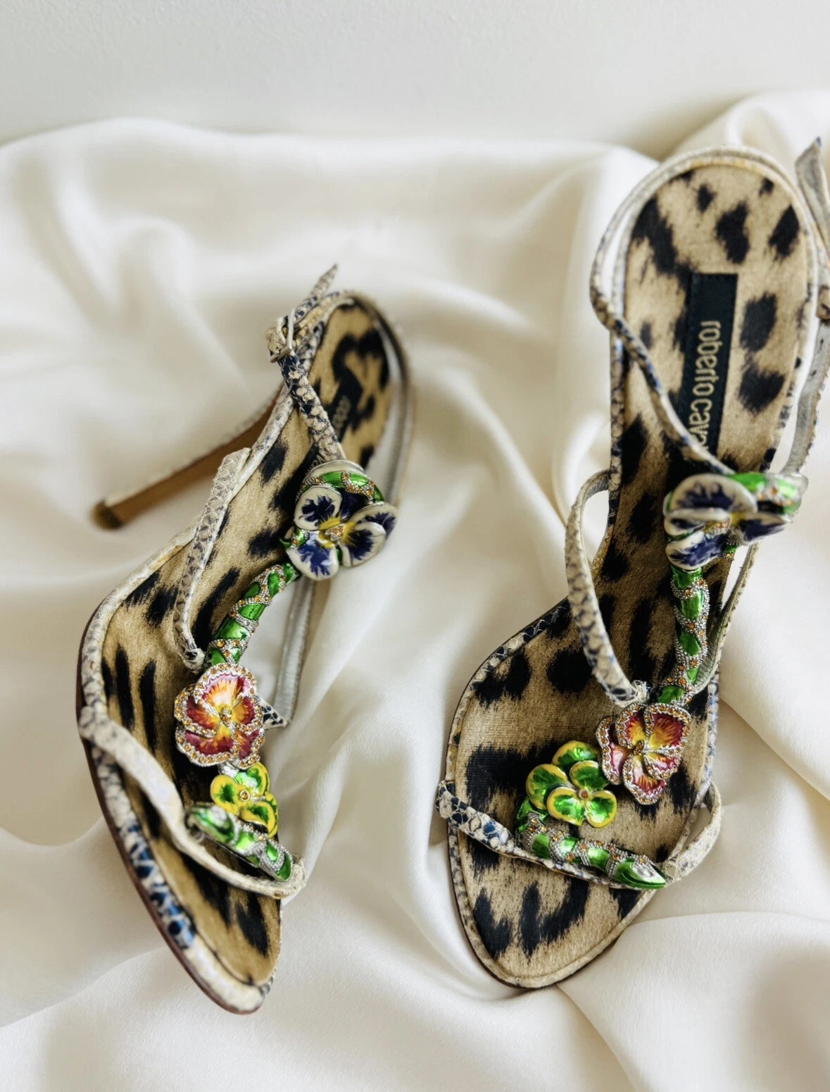 Vintage 2000s Roberto Cavalli Snake + Flower Enamel Rhinestone Heels Shoes | eBay | eBay US