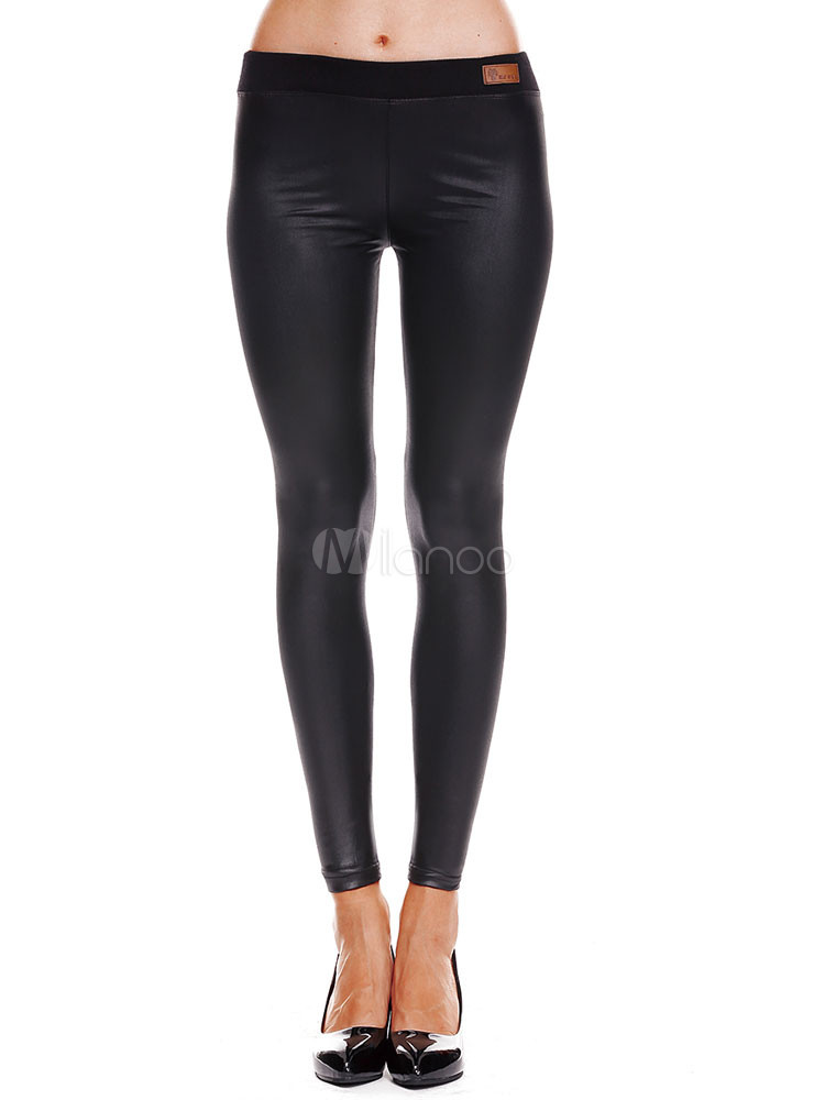 Black Leggings Women Long Skinny PU Leather Leggings | Milanoo