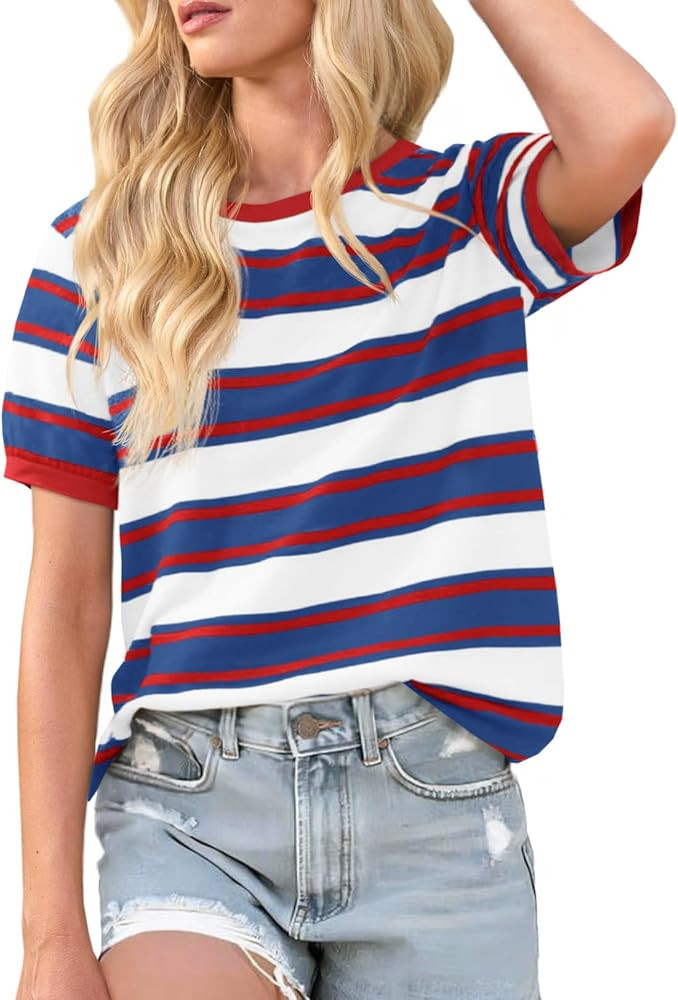 Imily Bela Womens Summer Tops 2026 Striped Color Block Short Puff Sleeve T Shirt Casual Crewneck ... | Amazon (US)