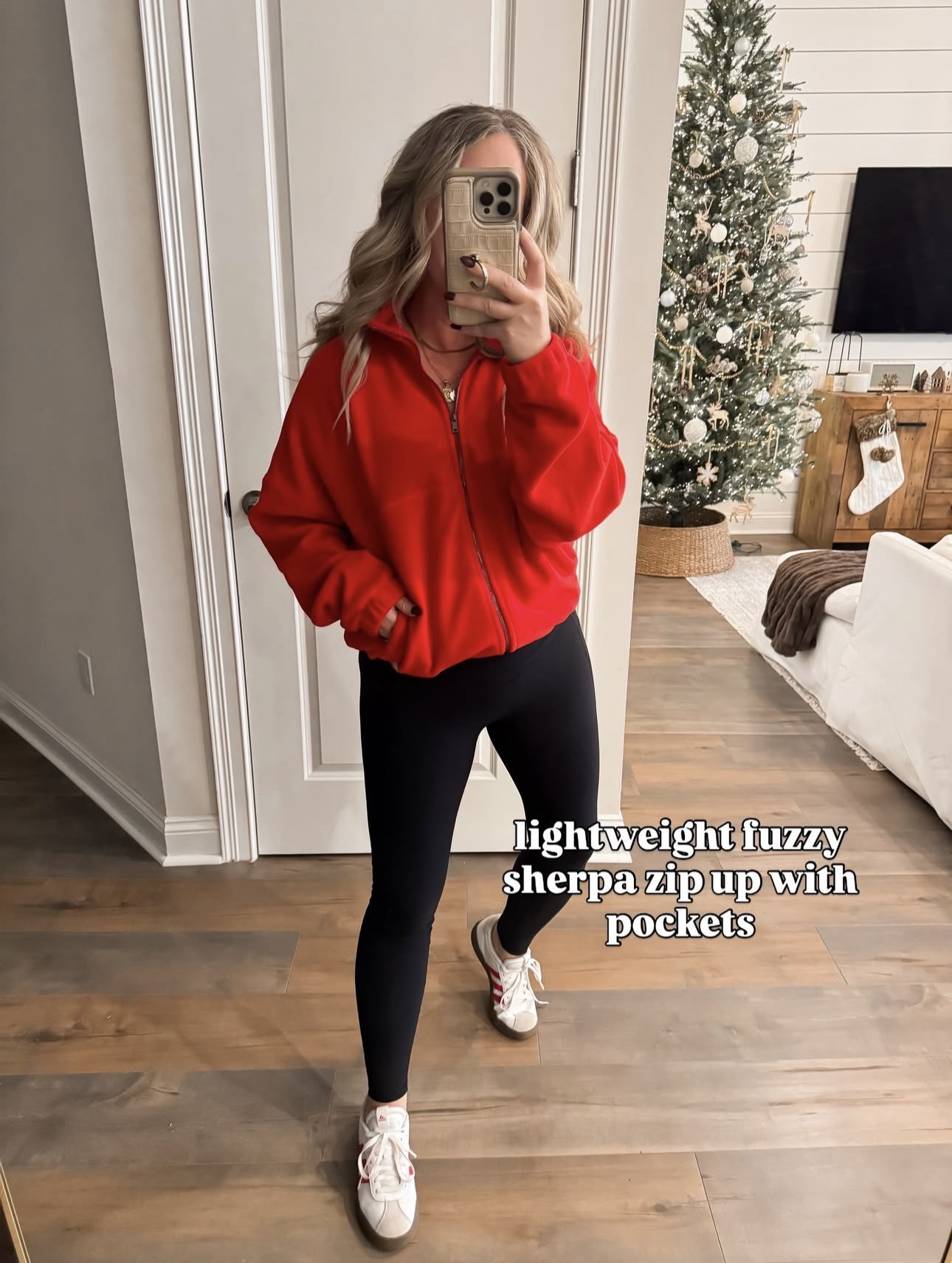 Comfortable fleece full-zip cinched jacket! Festive red, holiday style, styling leggings, winter fashion, winter look, affordable women's clothing, athleisure, Amazon fashion.  

 #LTKHoliday #LTKootd #LTKFindsUnder50