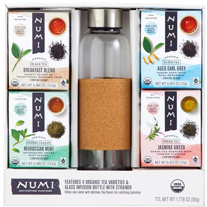Numi Organic Tea Gift Set , Includes 16oz Glass Tea infusion Bottle with Strainer and 4 organic t... | Target
