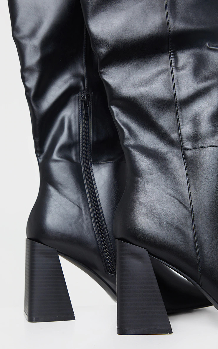 Black PU Flare Block Heel Square Toe Knee High Boots | PrettyLittleThing US