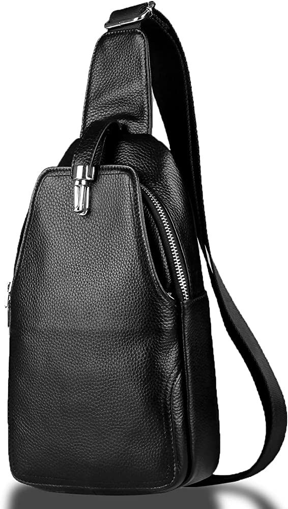 DK86 Leather Sling Backpack Chest Crossbody Shoulder Bag Travel Daypack for Men and Women - Black... | Amazon (US)