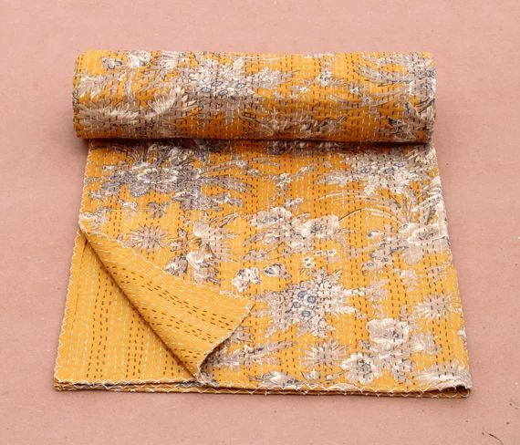Indian Cotton Kantha Quilt Traditional Yellow Floral Bedding | Etsy | Etsy (US)
