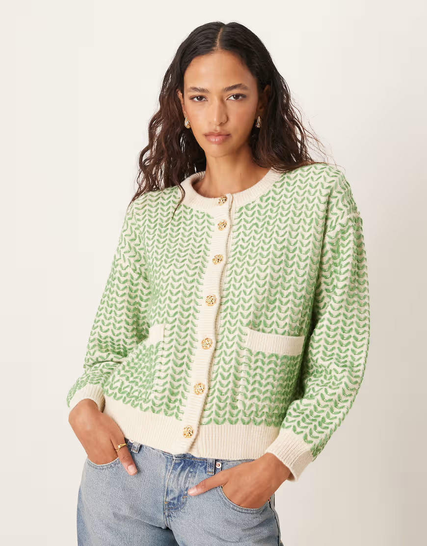 YAS button down knitted cardigan in birch with green detail-White | ASOS (Global)