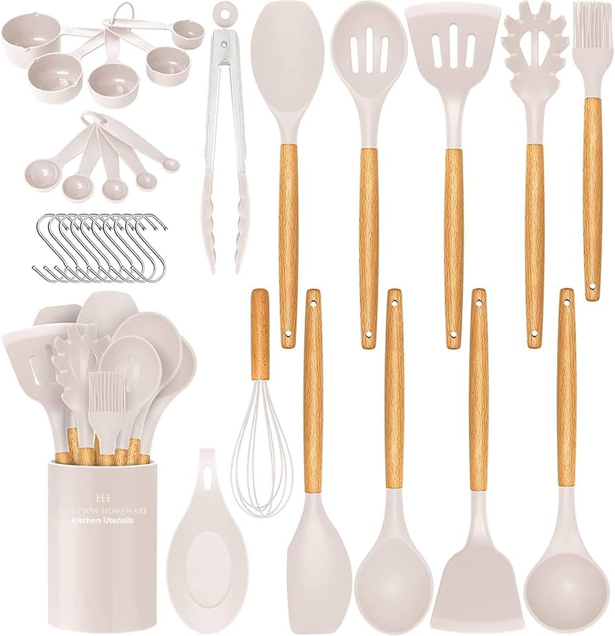 Kitchen Utensils Set, 33 pcs Non-Stick Silicone Cooking Utensils Set, Heat-Resistant Silicone, Wo... | Amazon (US)