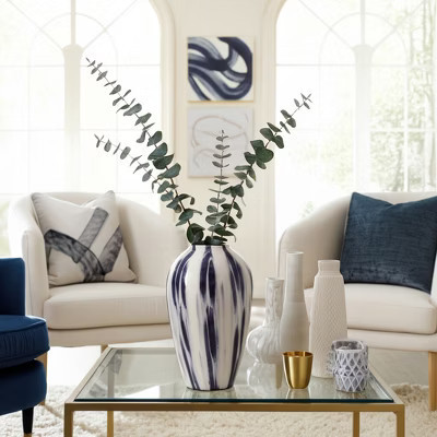 Elegant Glass Vase - Handcrafted - Modern Glossy Brushstroke Pattern - Perfect for Living Room, Bedroom, and Table Centerpiece - 17" Blue & White | Target