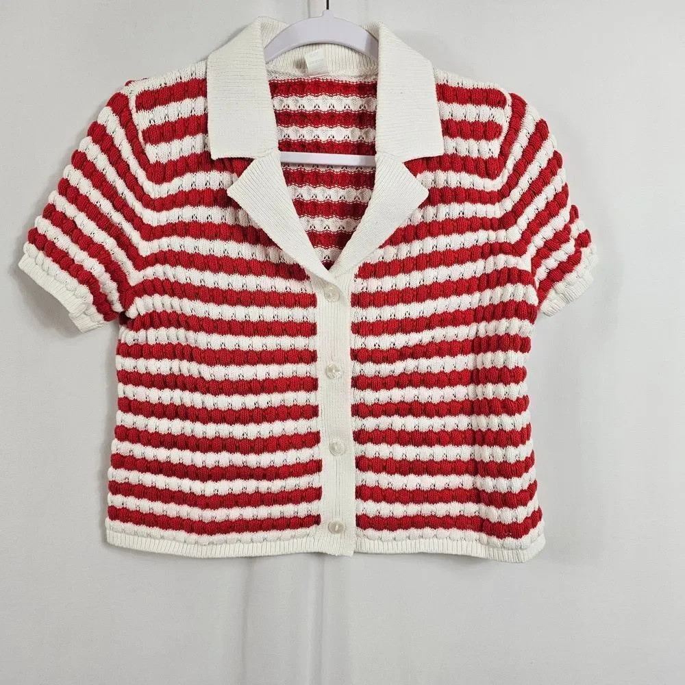 Old Navy Button Down Crochet Sweater in Red Stripe - Size M | Poshmark