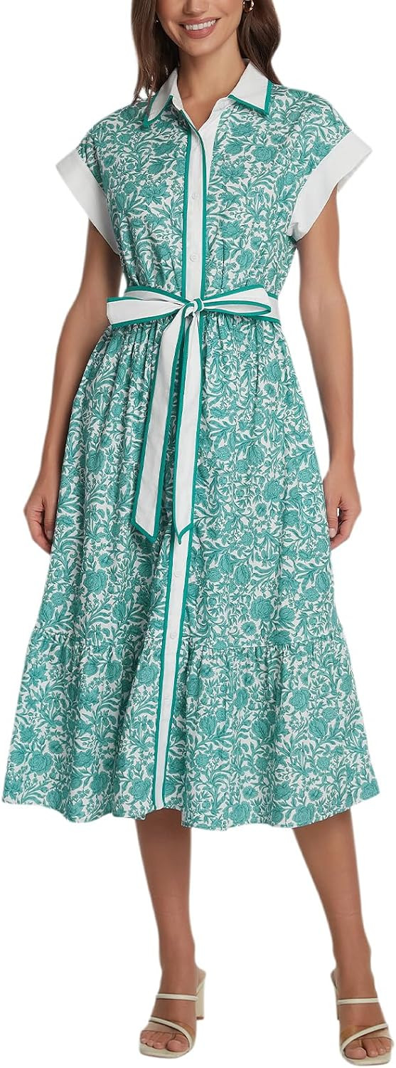 D-Sun Women Floral Print Button Down Midi Shirt Dress A Line Loose Wing Short Sleeve Belted Dresses for Casual Vacation | Amazon (US)