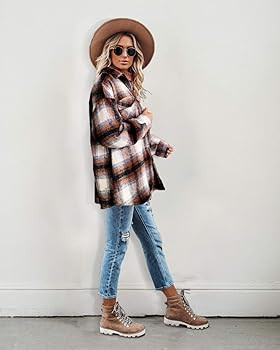 Women‘s Casual Oversize Label Button Down Long Sleeve Blend Wood Plaid Shacket Jacket Coat | Amazon (US)