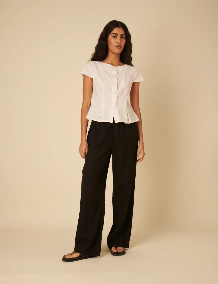 Black Linen-blend Drawstring Wide Leg Trousers | Nobody's Child