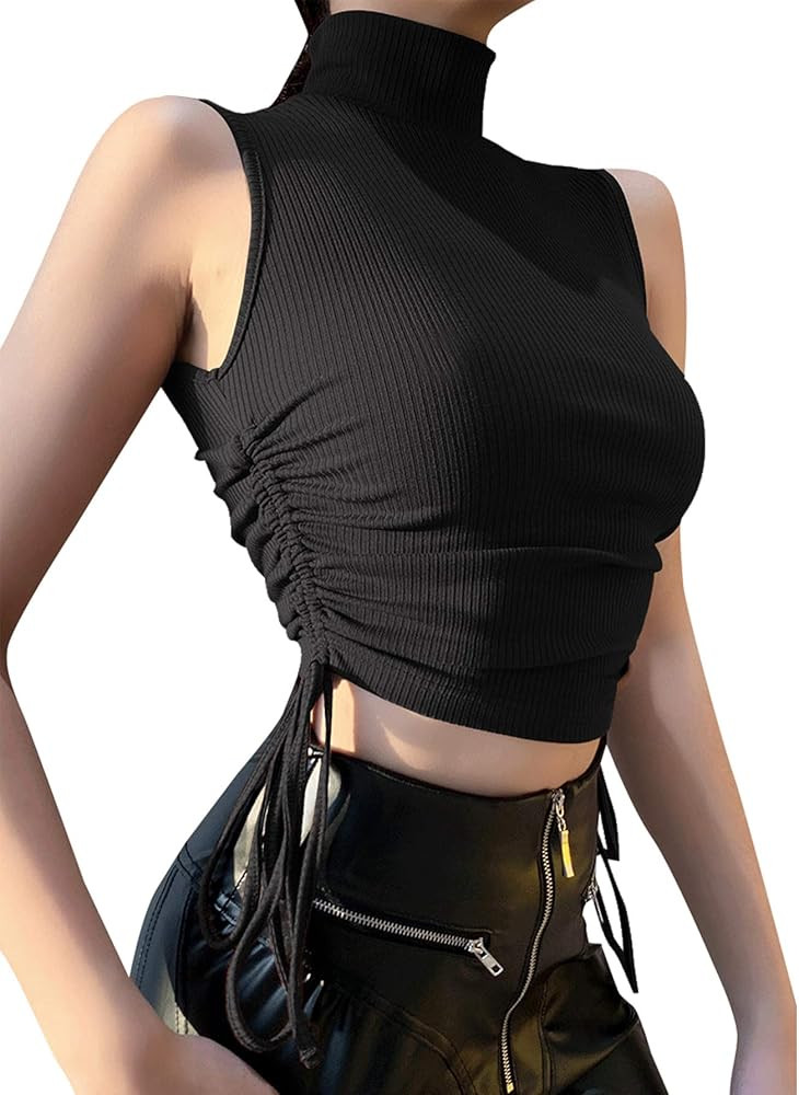 LYANER Women's Ruched Side Drawstring Mock Turtleneck Sleeveless Ribbed Crop Tank Top | Amazon (US)