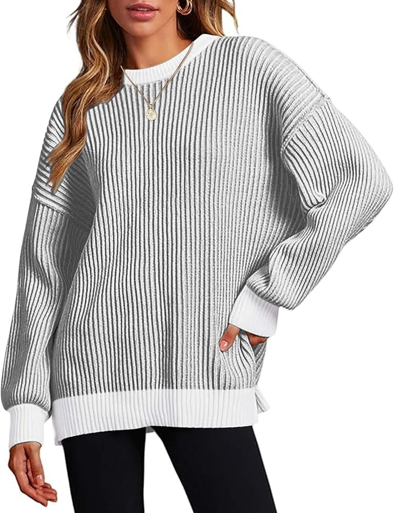 Zeagoo Women 2024 Fall Sweater Crew Neck Casual Long Sleeve Color Block Loose Pullover Rib Knit B... | Amazon (US)