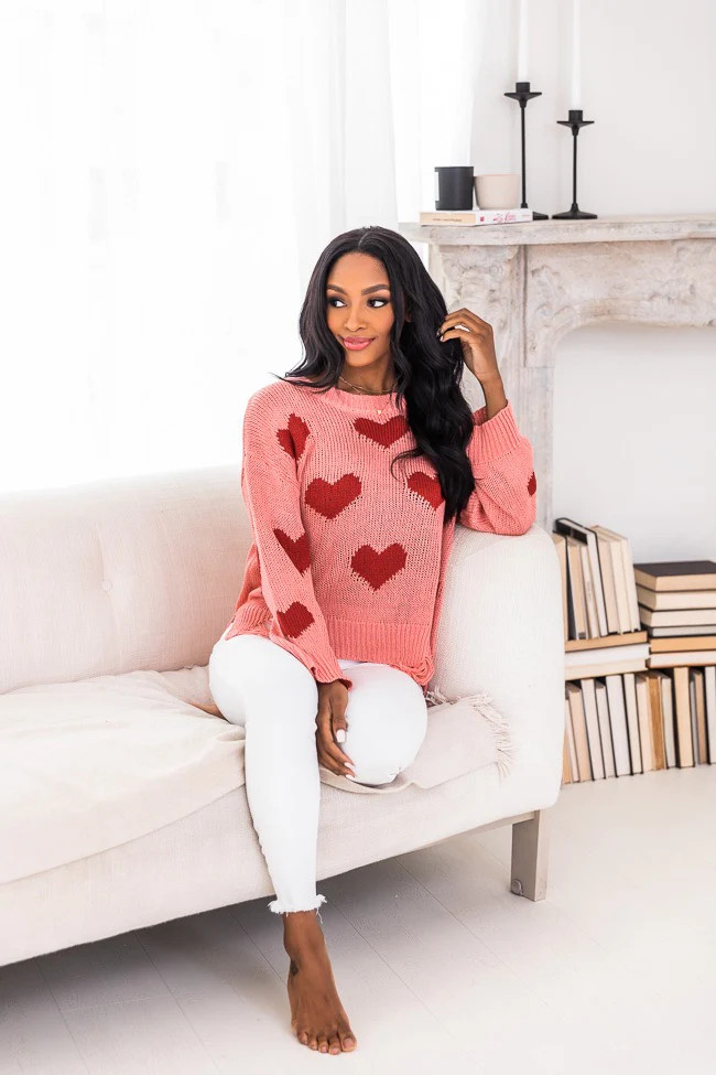 Simply Sweet Distressed Heart Pink Sweater | The Pink Lily Boutique