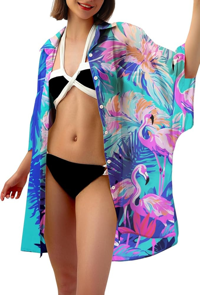 RAISEVERN Women's Swimsuit Cover Up 2024 3/4 Sleeve Bathing Suit Bikini Hawaiian Coverup Button D... | Amazon (US)