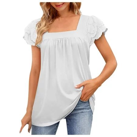 Summer Tops for Women Square Neck Double Layer Lace Short Sleeve Blouse Solid Color Casual Going out | Walmart (US)