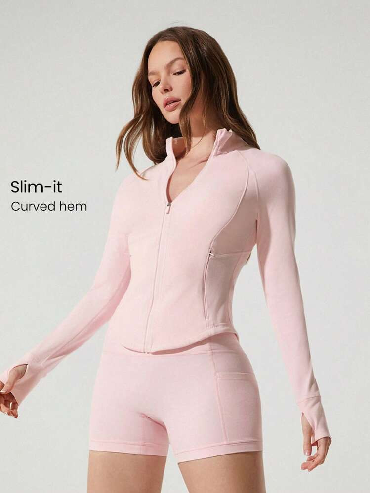 GLOWMODE FeatherFit™ Studio Ready Zipper Pockets Slim Fit Long Sleeve Thumbholes Active Jacket Low Impact Yoga Pilates Studio Gym Daily Valentine's Day | SHEIN