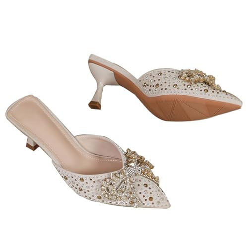 TZNBGGE Women's Glitter Pearl Rhinestone Bow Kitten Heel Mules Fashion Closed Pointed Toe Low Stilettos Slip On Sparkling Backless Slingback Slides Sandals for Wedding Bridal Party Dress (apricot,9) | Amazon (US)