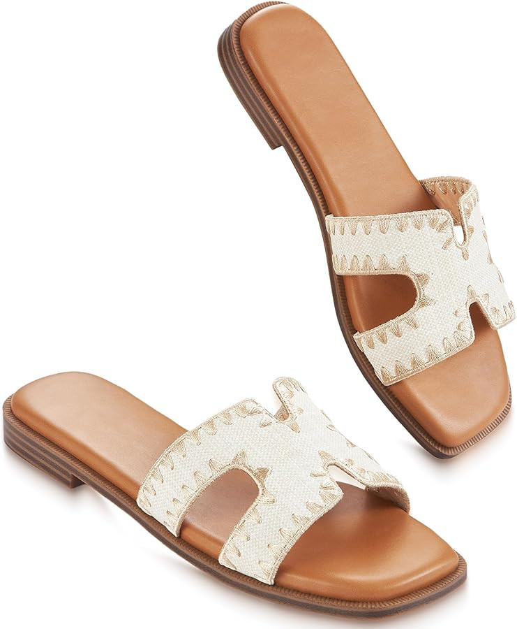 Womens Sandals Slip On Fashion Flat Sandals Soft Memory Foam Slides Comfortable Leather Open Toe ... | Amazon (US)